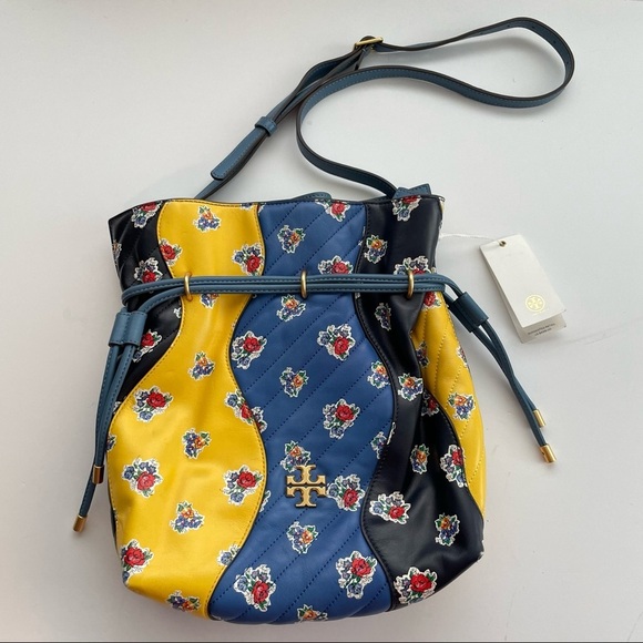 Tory Burch KIRA CHEVRON FLORAL PATCHWORK BUCKET Tea rose bag purse - Picture 5 of 7